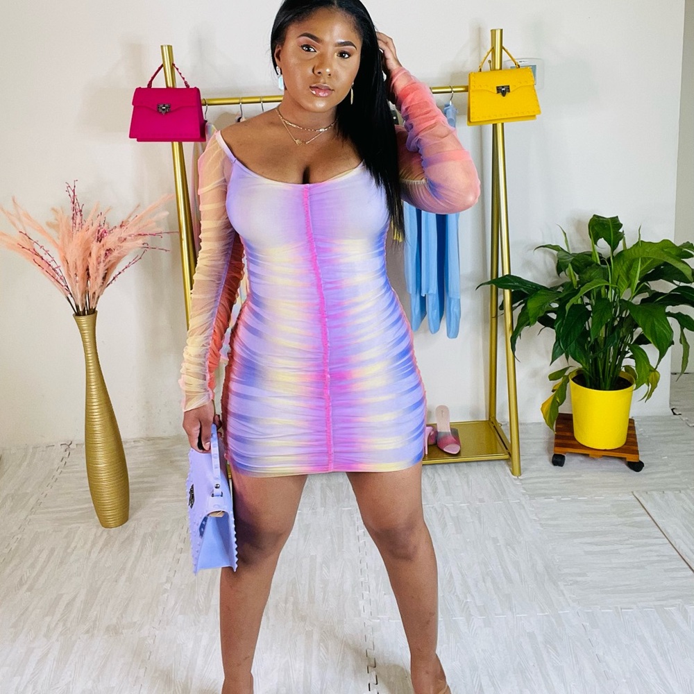 Multi-Color Sheer Ruched Midi Dress - Picture 4 of 6